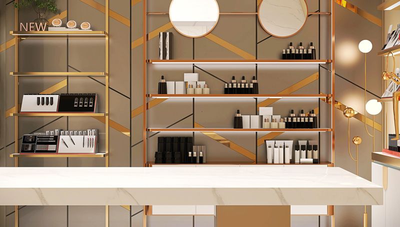 Empty white marble counter in elegant and luxury interior design of beauty cosmetic shop with gold steel shelf and personal, skin and hair care product and decorative glass backdrop partition for product display background