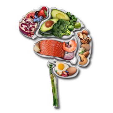 Brain-shaped tray filled with healthy foods like fruits, vegetables, nuts, fish, and eggs.