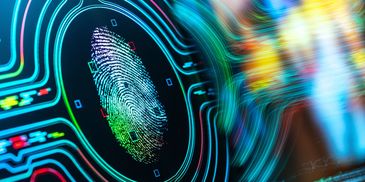 Colorful digital fingerprint scanning on high-tech screen.