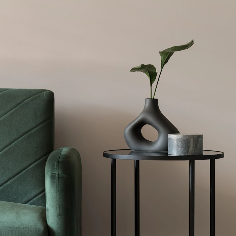 Close-up on decorative black vase with plant and gray box on modern black side table next to green sofa