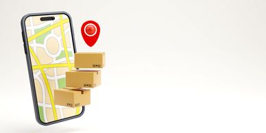 Smartphone with delivery boxes and map pin.
