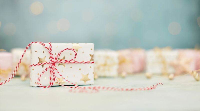 Christmas gift background with Christmas ornaments and copy space