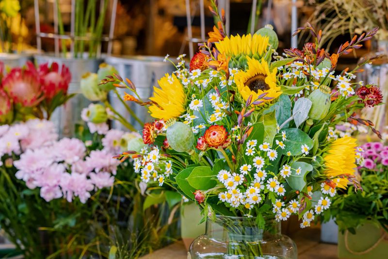 A bouquet of beautiful spring flowers for sale in the florist shop for the holiday.