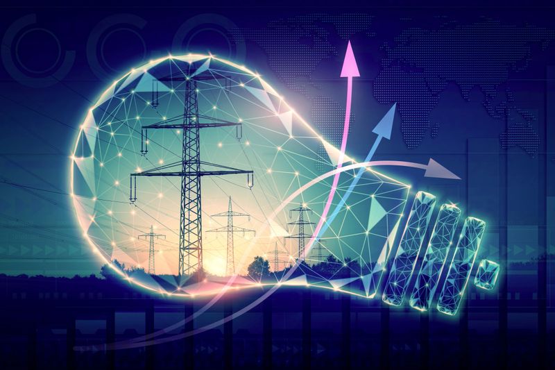 Renewable energy concept. A glowing symbolic light bulb and power transmission lines. Ascending arrows. Increasing the production of clean electricity, energy security.