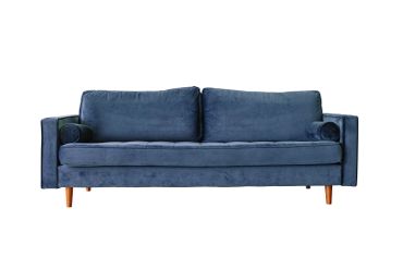 Blue velvet modern sofa with wooden legs.