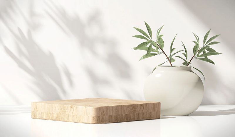 Modern, minimal square wooden podium with white ceramic potted plant on white counter table in dappled sunlight and shadow on white wall for luxury product display background