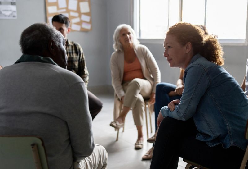 Latin American people sharing stories in a group therapy session - mental health concepts