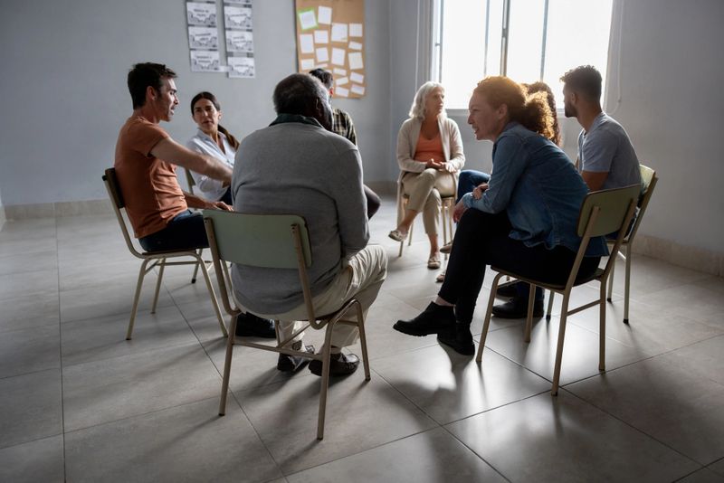 Group of Latin American people talking in a therapy session - mental health concepts