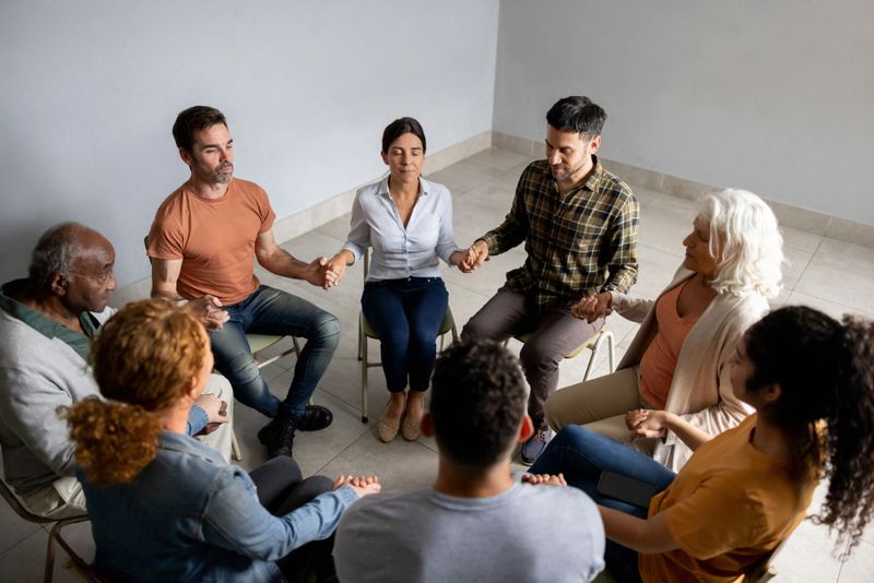 Latin American people holding hands in a group therapy session - mental health concepts