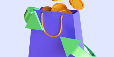 Purple shopping bag with floating gold coins and green arrows.