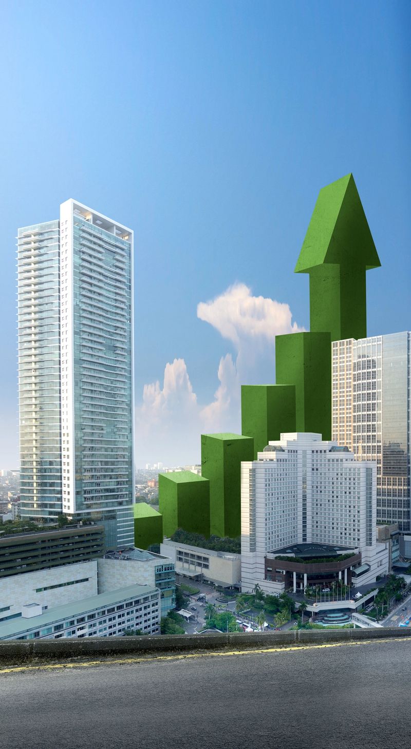 Increased graph arrow with cityscape background