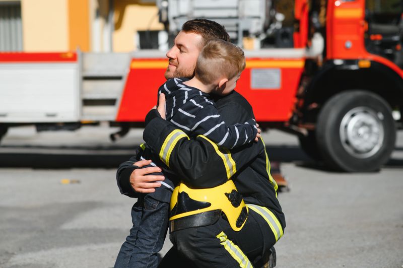 Dirty firefighter in uniform holding little saved boy standing on black background