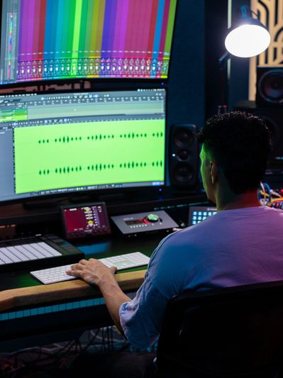 A person working on audio editing in a music studio with colorful lighting.