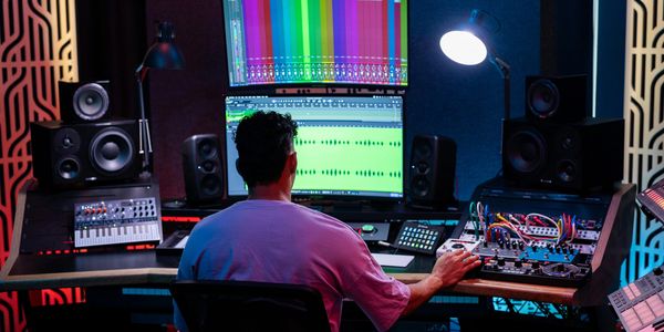 Man working in a music studio with synthesizers and monitors.