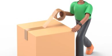 3D person sealing a cardboard box with tape.