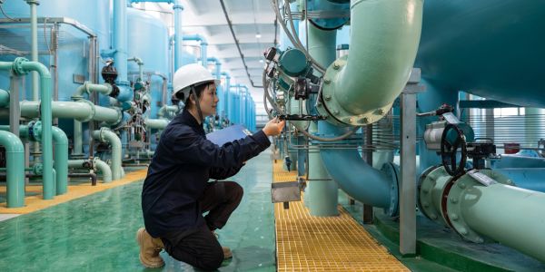 Woman technician inspecting large industrial pipes.