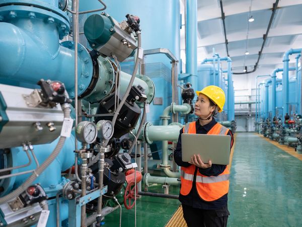 Engineer inspects industrial machinery while holding a laptop.