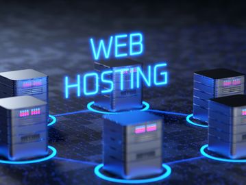 Digital servers connected with glowing blue rings and 'WEB HOSTING' text.