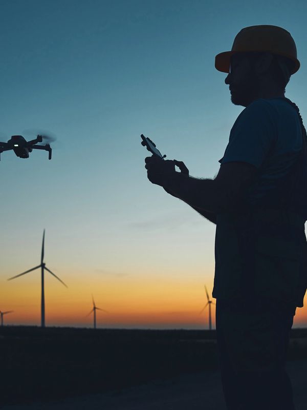 Silhouette of a worker controlling a drone near wind turbines at sunset.