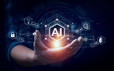 Hand holding glowing AI technology icons.