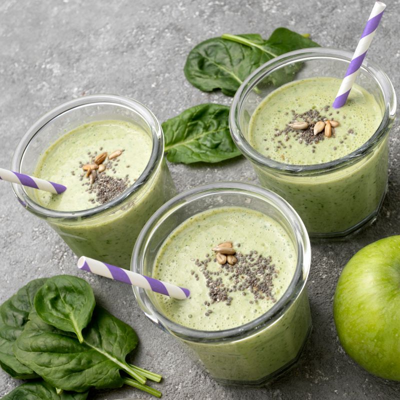 Healthy green spinach smoothie in glass jars and other ingredients on a gray concrete background. Superfoods, detox, diet, healthy food. Celery, apple, spinach, spinach, and banana.