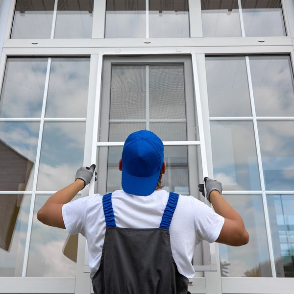 Worker installing a window screen on a large window.