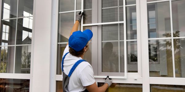 Worker installing a window screen.