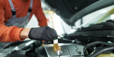 Person cleaning a car engine with a brush.