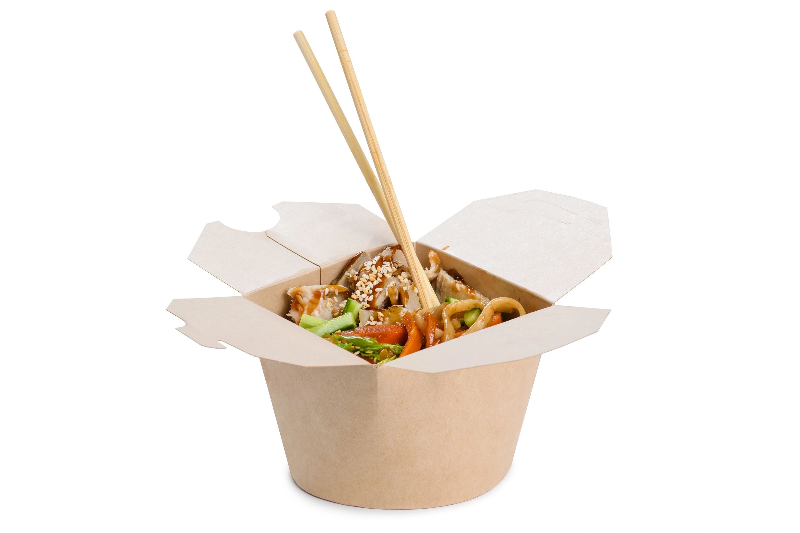 Takeout box with Asian stir-fry and chopsticks.