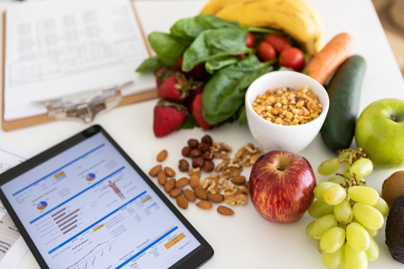 Closeup of nutritionist's desk with healthy food and digital tablet showing body mass index measurement report and nutritional plan - Buenos Aires - Argentina
