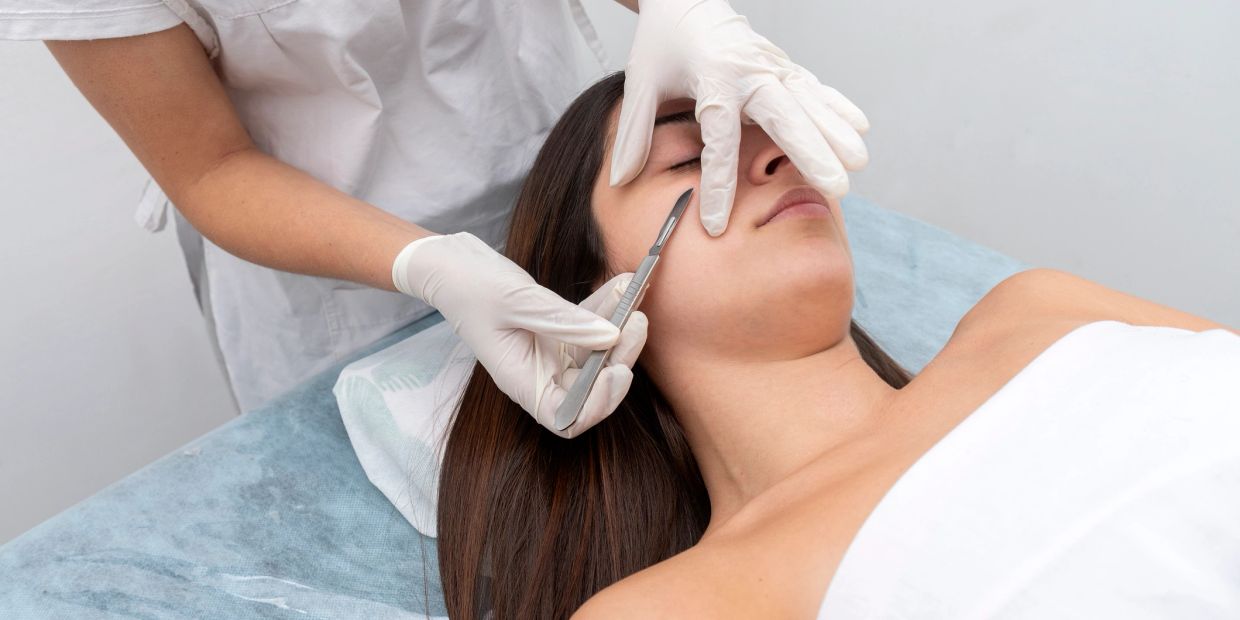 Woman undergoing facial cosmetic procedure with scalpel.