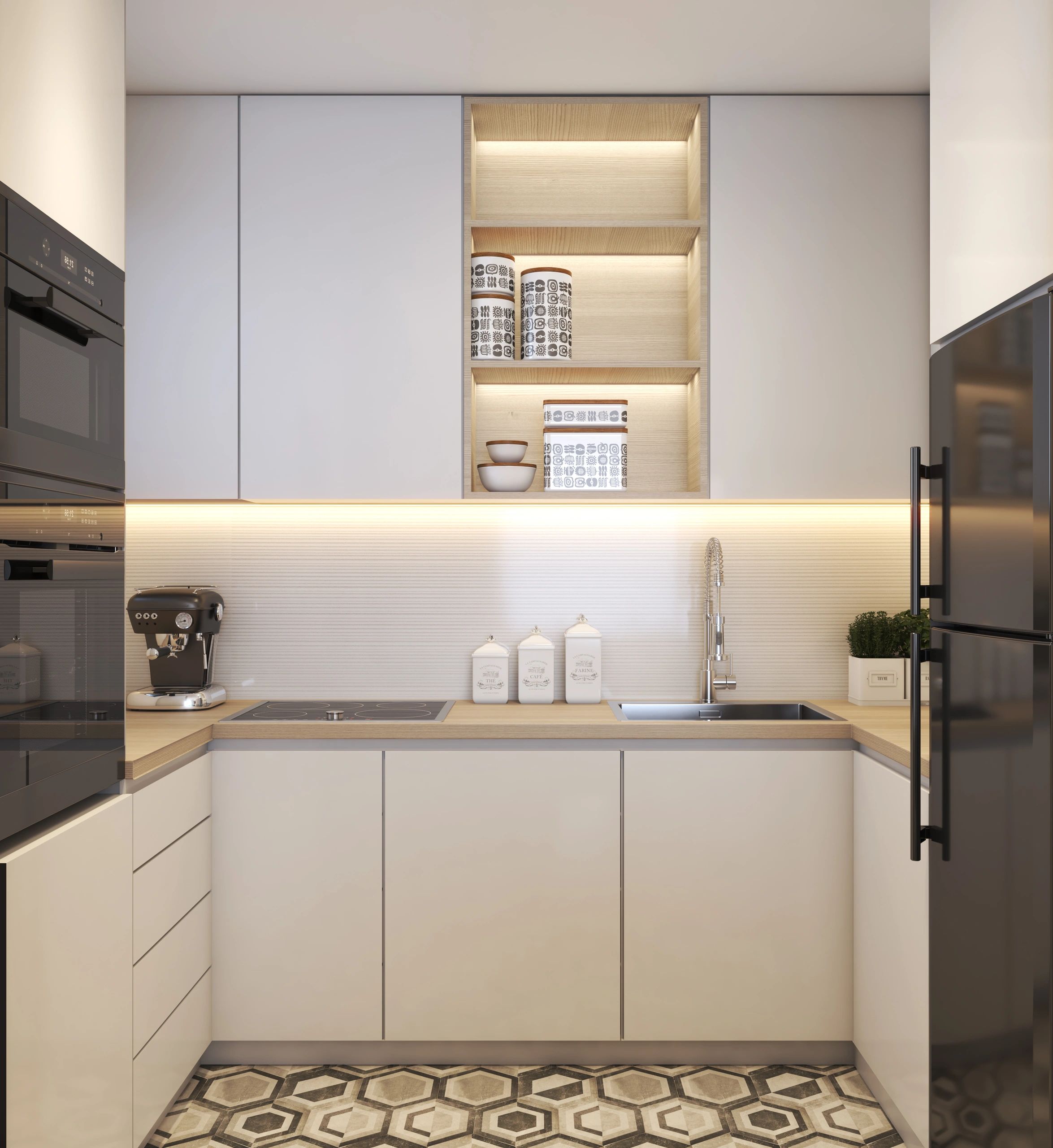 Modern kitchen with light wood countertops and geometric floor tiles.