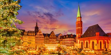 Frankfurt traditional square in the festive season at dusk.