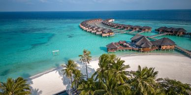 Tropical overwater bungalows on clear turquoise waters.