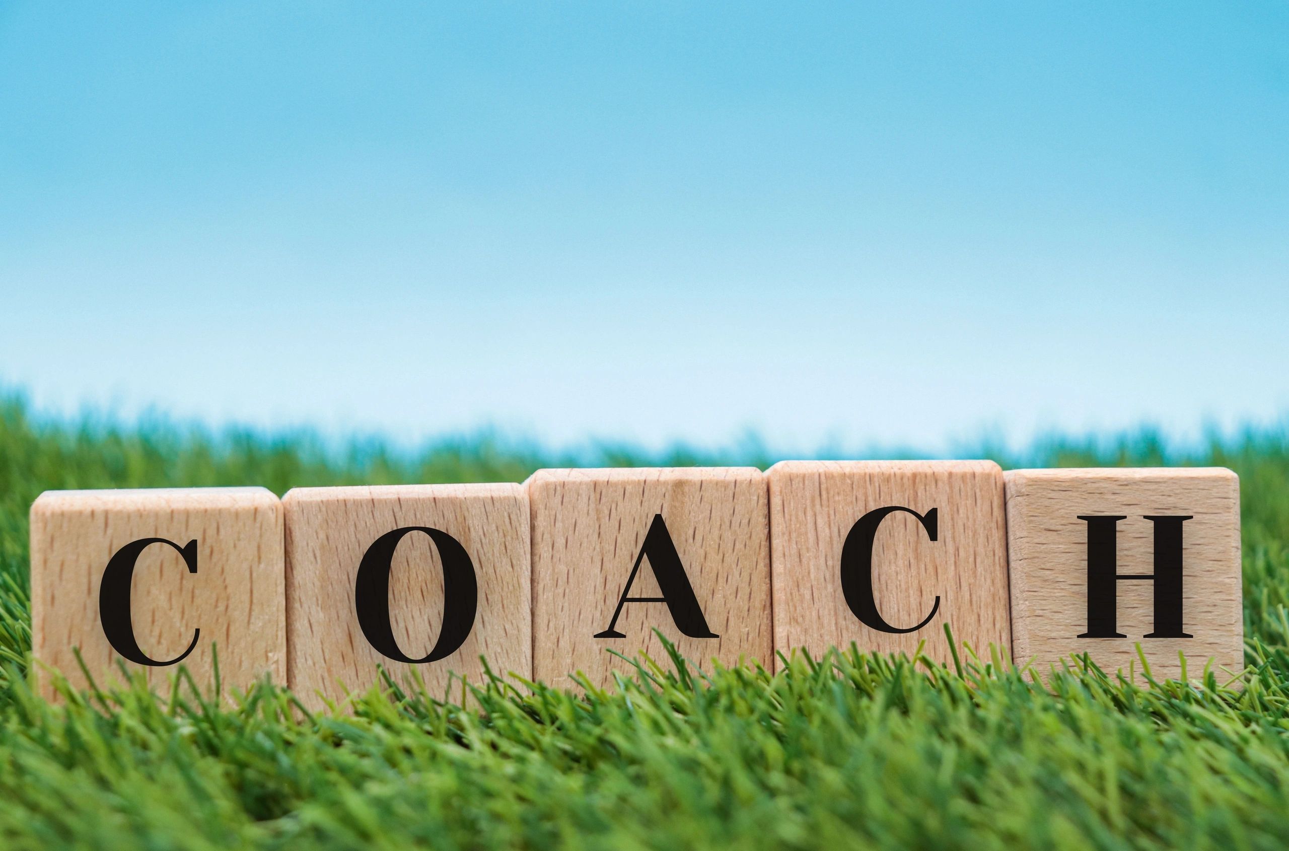 Wooden blocks spelling "COACH" on grass with blue sky.