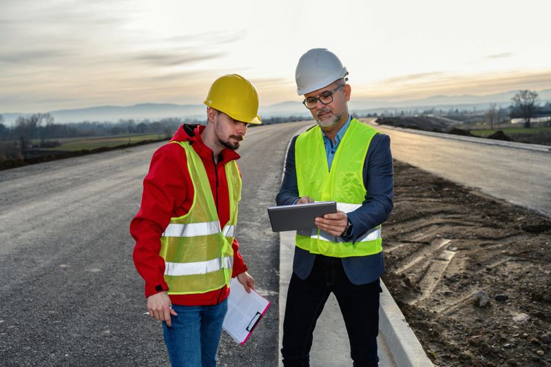 Engineer and investor discussing project documentation on a road construction site