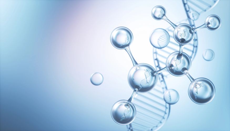 3D illustration of molecules with DNA strands inside against a DNA helix background.