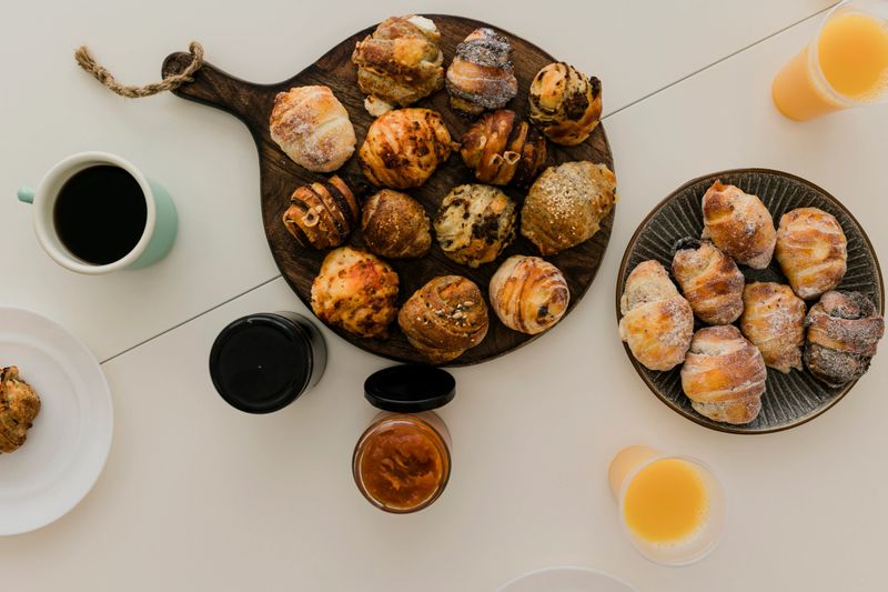 Top view of fresh breakfast on table