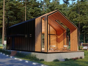 Modern tiny cabin with wood and black exterior in forest.