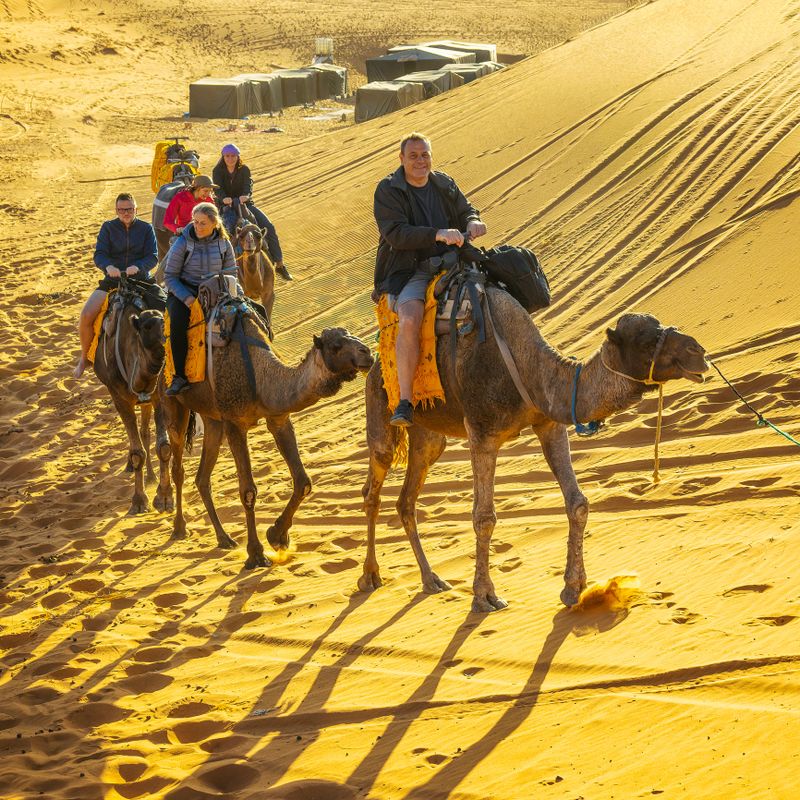 Tourists riding camels on sand dunes in the desert, Merzouga, Erg Chebbi sand dunes region, Sahara, Morocco. Model released.