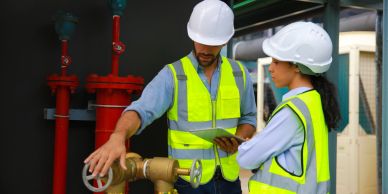 Engineers checking a valve in an industrial setting.
