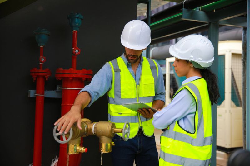 Construction project engineer check and discussing at front of fire Fighting valve or fire hydrants, fire suppression system