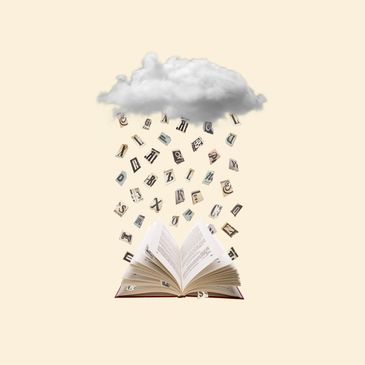 An open book with letters raining down from a cloud above.