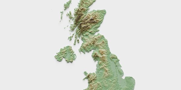 Topographic relief map of the United Kingdom showing mountainous terrain.