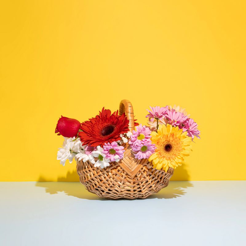 Aesthetic composition of colorful flowers in a wicker basket. Vivid colors. Valentine's, mother's Day or nature concept.