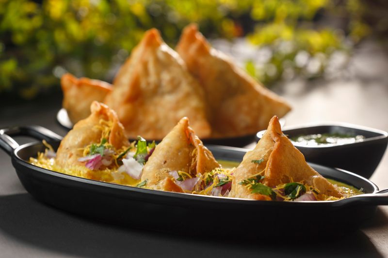 Kadhi Samosa Chaat with green chutney
