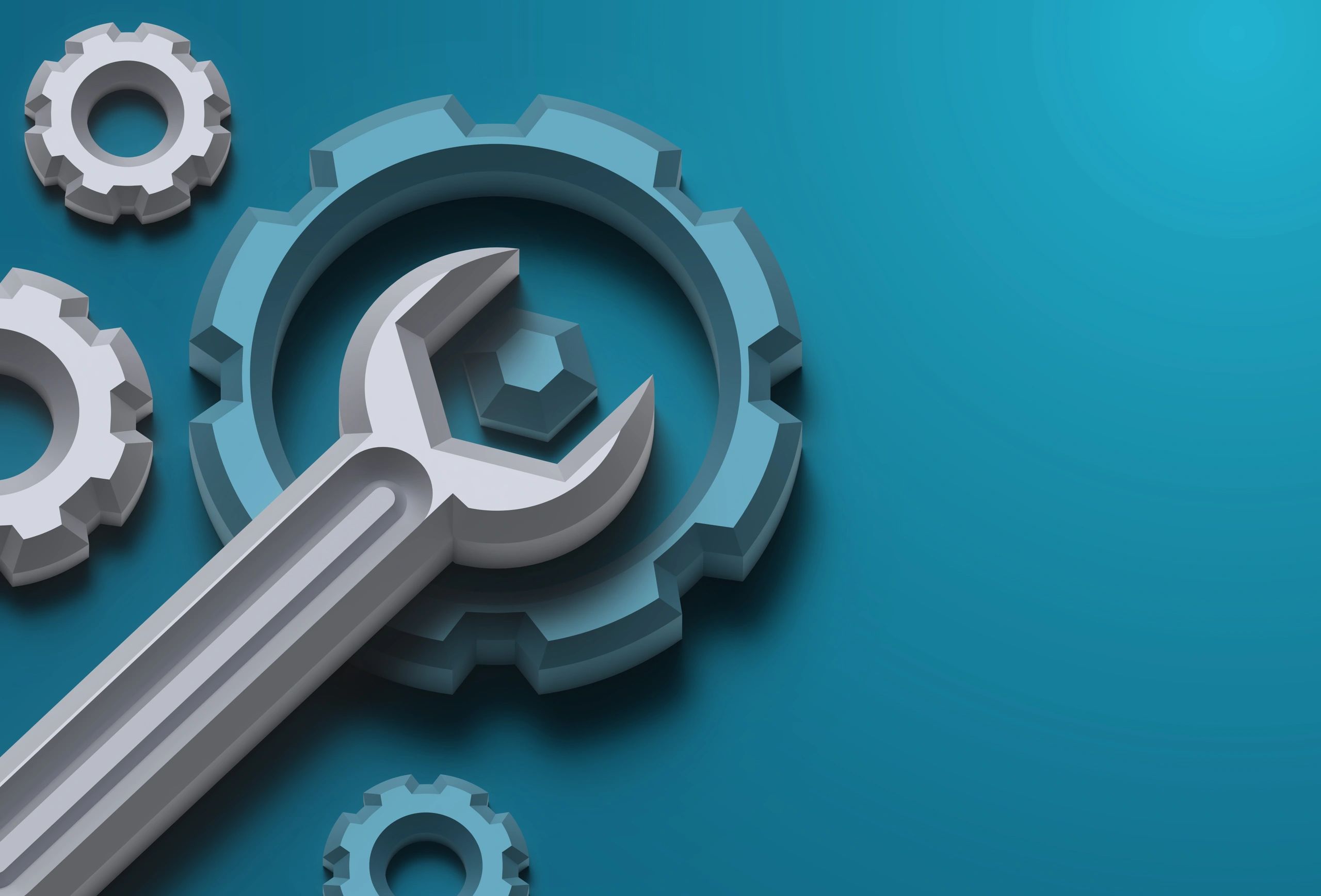 Illustration of a wrench and gears representing technical support and issue resolution.