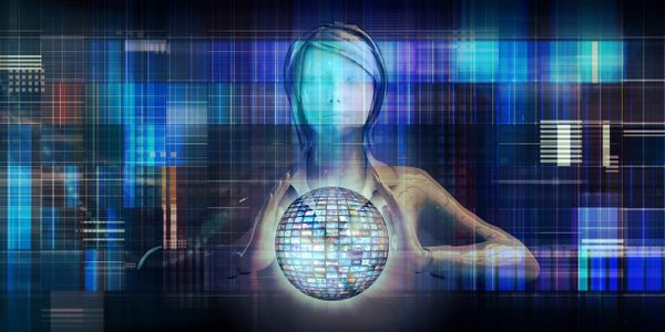 Digital humanoid figure holding a glowing spherical data orb.