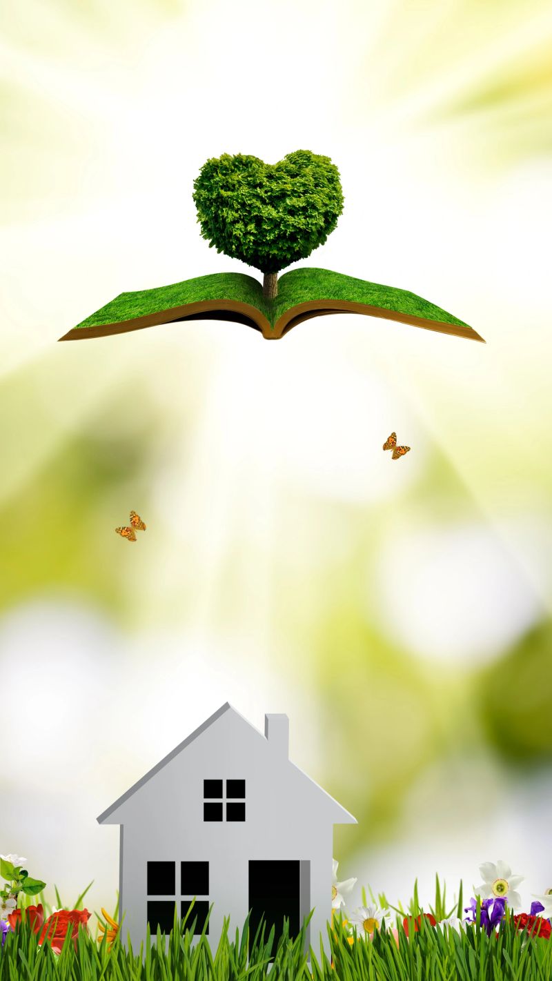 Image of an open book floating in the air and a tree grown out of the book, the crown of which has the shape of a heart against the background of a stylized house, grass, flowers and butterflies
