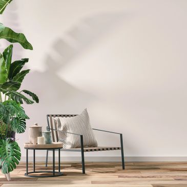 Minimalist chair with cushion beside a small table and large green plants.
